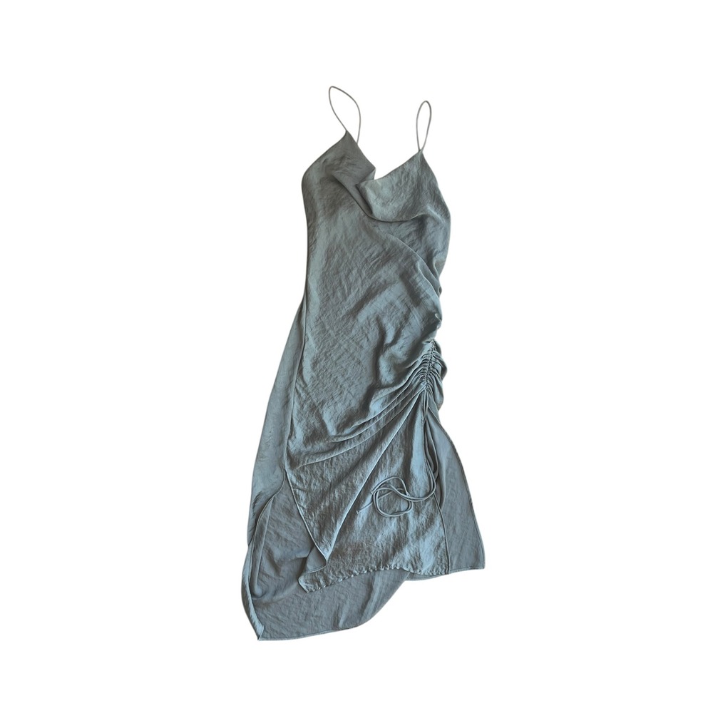 Zara Basic Ruched Satin Midi Dress Sage Green Cowl Neck Asymmetric Slip Dress S